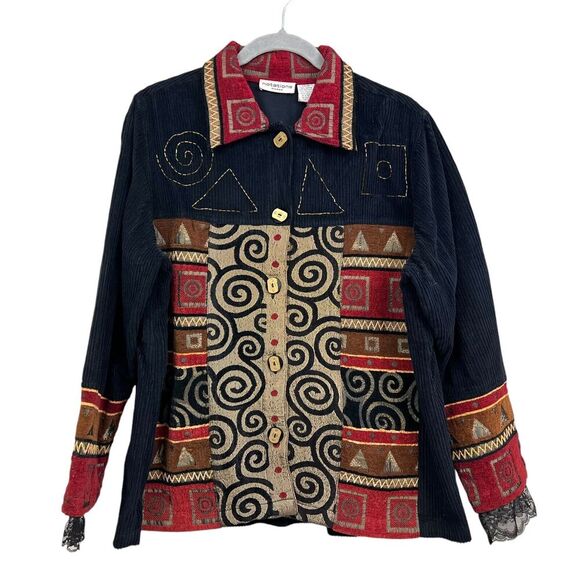 Notations Women Corduroy Jacket Beaded Embroidered Patch Boho Black Red Sz 14/16 - Picture 1 of 5
